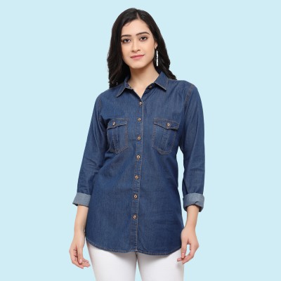 cotton sugar Women Washed Casual Blue Shirt