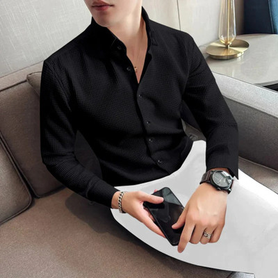 TorontoCN Men Self Design Casual Black Shirt