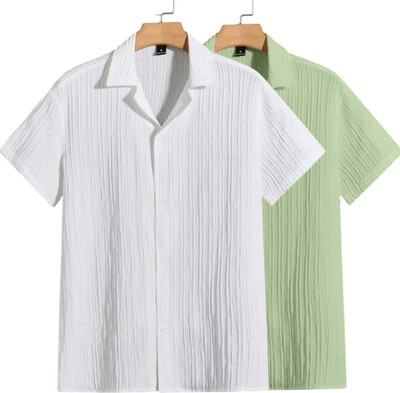 METRONAUT Men Self Design Casual White, Light Green Shirt(Pack of 2)