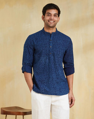 Fabindia Men Printed Party Blue Shirt