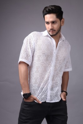 Lunice Men Self Design Casual White Shirt