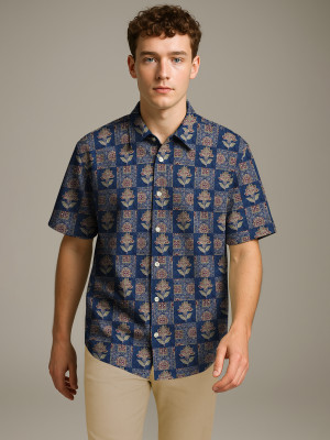 Bullmer Men Printed Casual Dark Blue Shirt