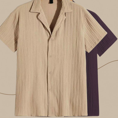 Jenil Fashion Men Self Design Casual Purple, Beige Shirt(Pack of 2)