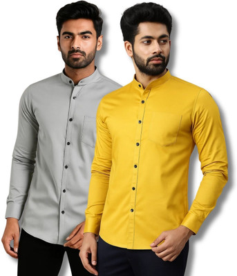 CROWNTAIL Men Solid Casual Grey, Yellow Shirt(Pack of 2)