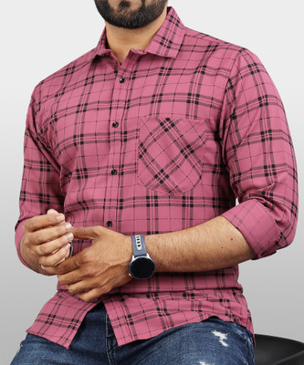 VeBNoR Men Checkered Casual Pink Shirt