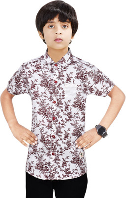 Paper Crane Boys Self Design Casual Maroon, White Shirt
