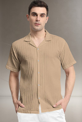 A DEEMOON TREND Men Striped, Self Design Casual Cream Shirt