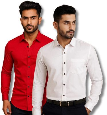 ClothTheory Men Solid Casual Red, White Shirt(Pack of 2)
