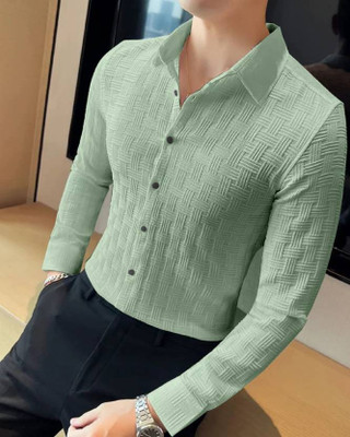 Plus91 Men Self Design Casual Green Shirt