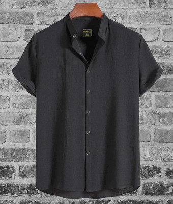 FUBACK Men Solid Casual Black Shirt