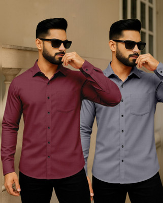 AITAVIKOVERSEAS Men Solid Casual Maroon, Grey Shirt(Pack of 2)