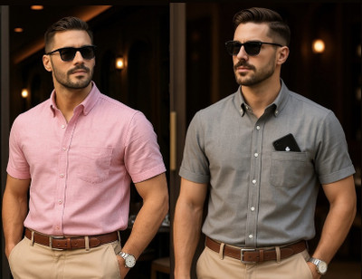 LUCKY COLLECTIOS Men Solid Formal Green, Pink Shirt(Pack of 2)