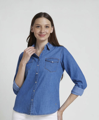 Spykar Women Solid Casual Blue Shirt