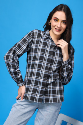 METRONAUT Women Checkered Casual Black, White, Light Blue Shirt