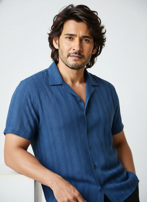 SEVENTEENSTITCH Men Solid, Striped Casual Blue Shirt