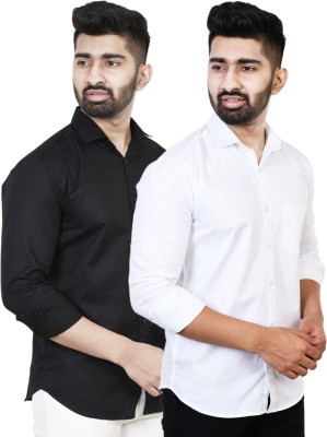 Feel high Men Solid Casual White, Black Shirt(Pack of 2)