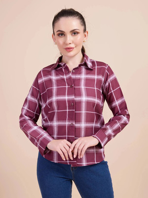 KRYSTNE Women Checkered Casual Maroon, White Shirt