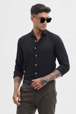 Snitch Men Self Design Casual Black Shirt