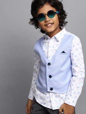 V-MART Boys Printed Casual White, Light Blue Shirt