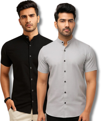 MAHIRAN Men Solid Casual Black, Grey Shirt(Pack of 2)