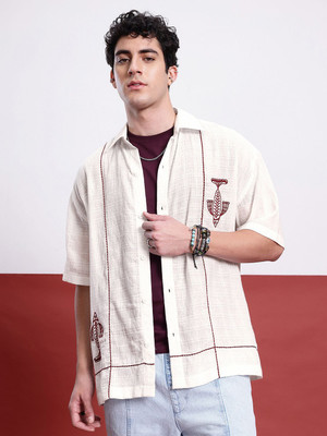 Glitchez Men Self Design Casual White Shirt