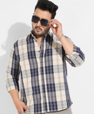 Instafab Plus Men Checkered Casual Cream, Dark Blue Shirt