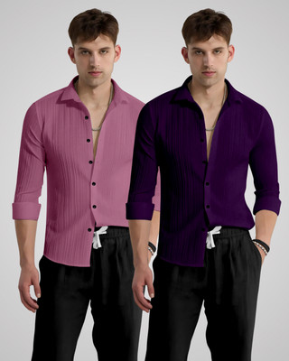 KRUZEE Men Self Design Casual Pink, Purple Shirt(Pack of 2)