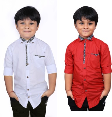 BOUGHT FIRST Boys Self Design Casual Red, White Shirt(Pack of 2)