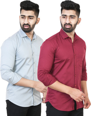 Feel high Men Solid Casual Maroon, Grey Shirt(Pack of 2)
