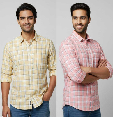 Berlin Fashions Men Checkered Casual Pink, Yellow Shirt