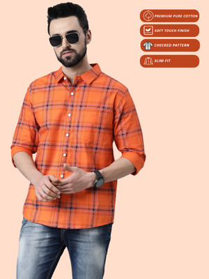 METRONAUT Men Checkered Casual Orange Shirt