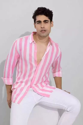 BLNG Men Striped Casual Pink Shirt