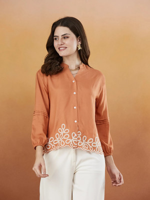 J TURRITOPSIS Women Embroidered Casual Orange Shirt