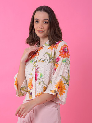 CRIMSOUNE CLUB Women Floral Print Casual Orange Shirt