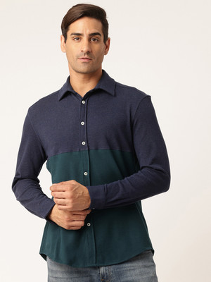 Rue Collection Men Color Block Casual Blue, Green Shirt