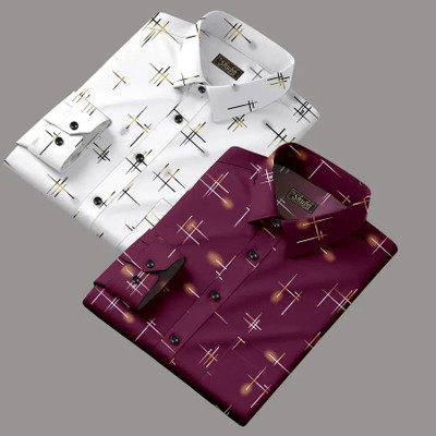 Cubix Men Graphic Print Casual White, Light Blue Shirt(Pack of 2)