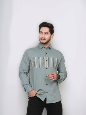 U and J Men Printed Casual Light Green Shirt