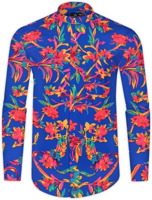 french crown Men Floral Print Casual Blue Shirt