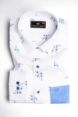 french crown Men Printed Casual White, Light Blue Shirt