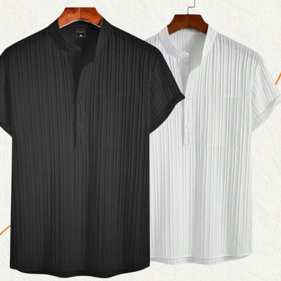 Jenil Fashion Men Self Design Casual Black, White Shirt(Pack of 2)
