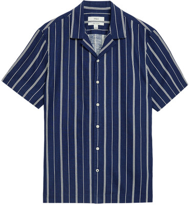 MARKS & SPENCER Men Striped Casual Dark Blue Shirt