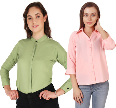 Mamnoon Women Solid Formal Light Green, Pink Shirt(Pack of 2)