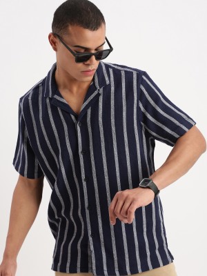 Showoff Men Striped Casual Dark Blue Shirt