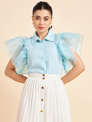 Fabway Clothing Women Solid Casual Light Blue, White Shirt