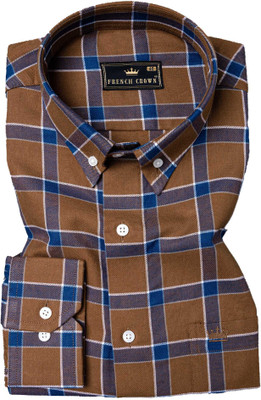 french crown Men Checkered Casual Brown Shirt