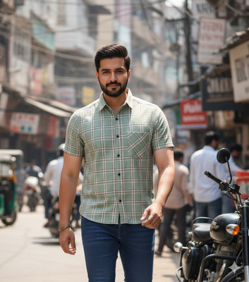 MANNFashion Men Checkered Casual Green Shirt