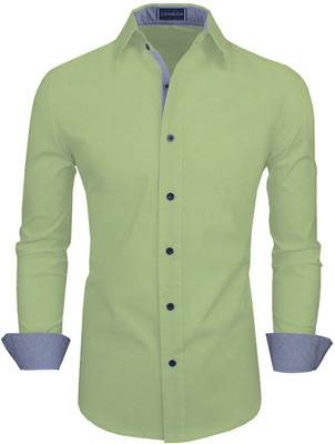 ZOMBOM Men Solid Casual Light Green Shirt