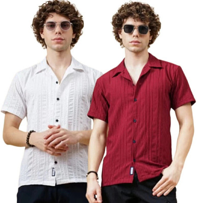 METRONAUT Men Self Design Casual White, Maroon Shirt(Pack of 2)