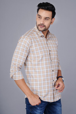 FAVNIC Men Checkered Casual White, Cream Shirt