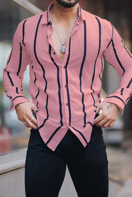 dream believe fashion Men Striped Casual Pink, Black Shirt